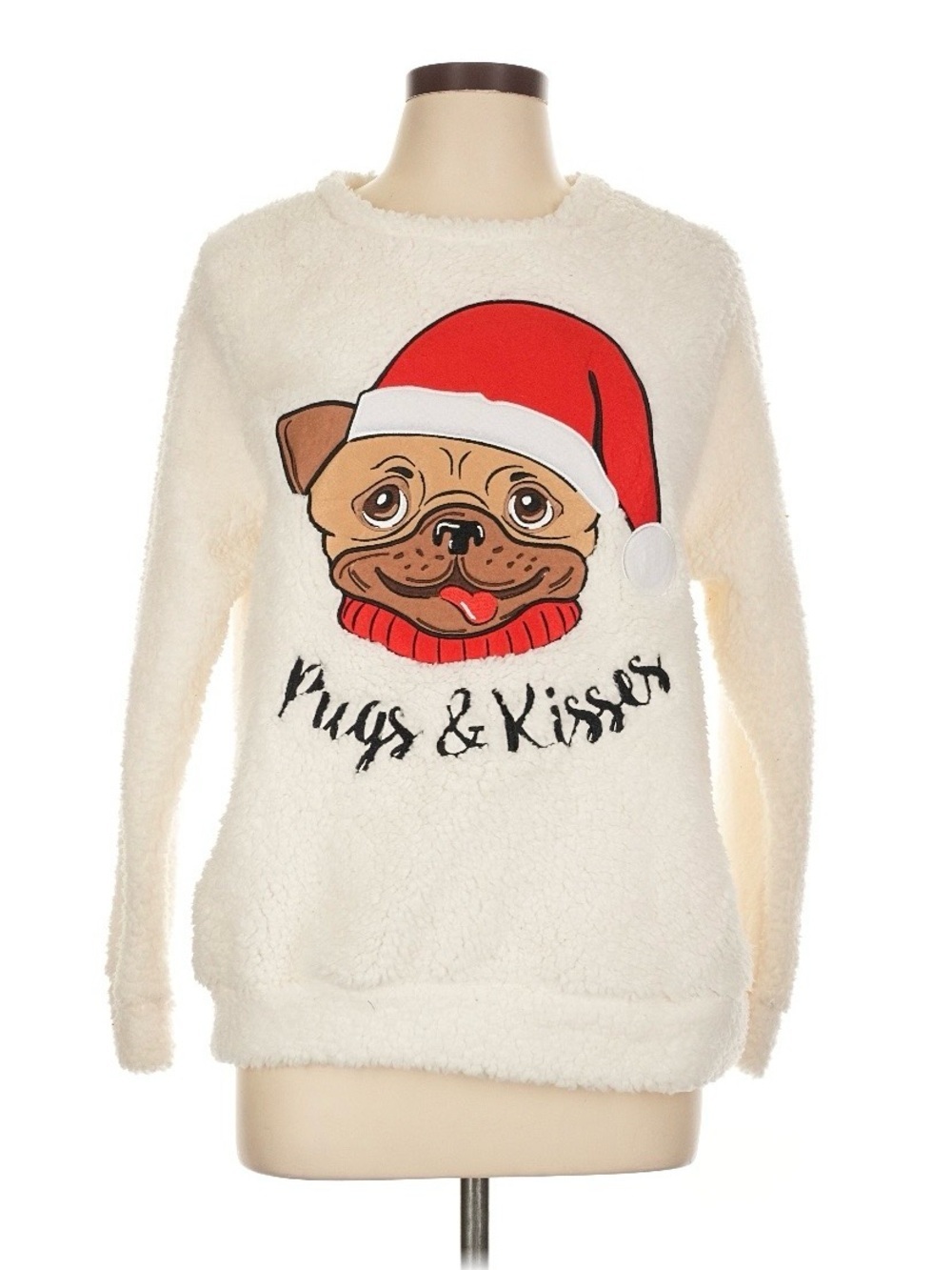 Kristen Nicole Pugs and Kisses Santa Hat Faux Fur Sweater Size Large NWT